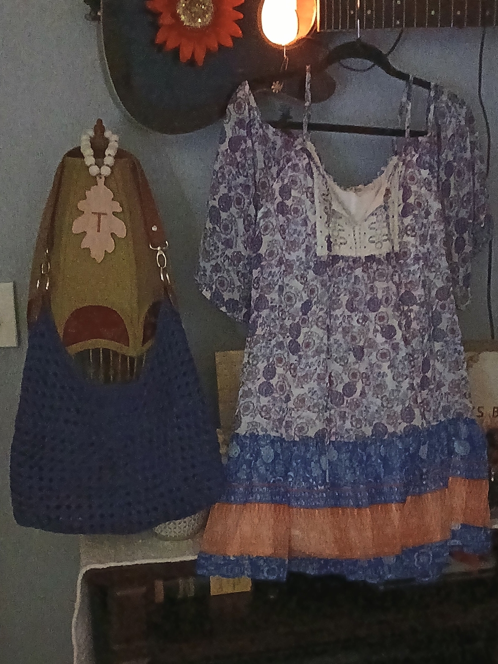 Woven Hobo Shoulder Bag in Navy Blue Paired With Babydoll Flowing Dress.